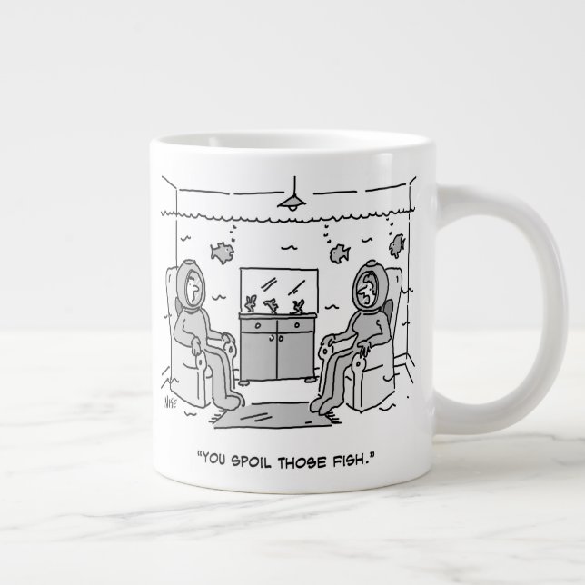 Man Spoils His Tropical Fish - Funny Cartoon on a Giant Coffee Mug (Right)