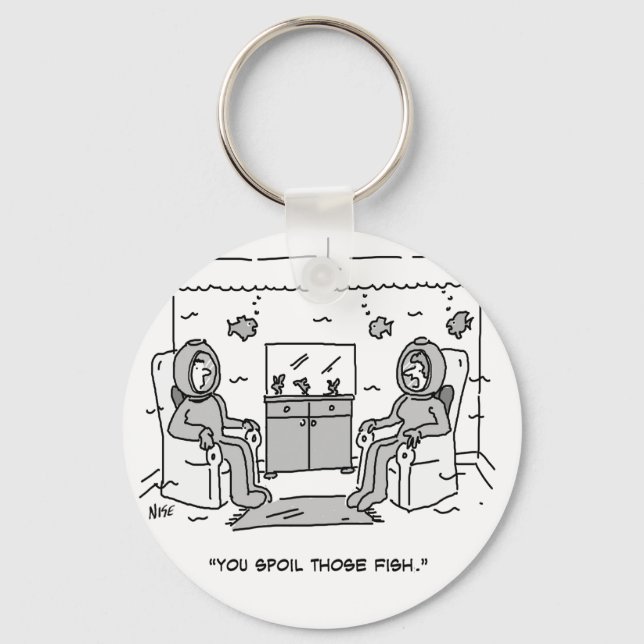 Man Spoils His Tropical Fish - Funny Cartoon on a Keychain (Front)