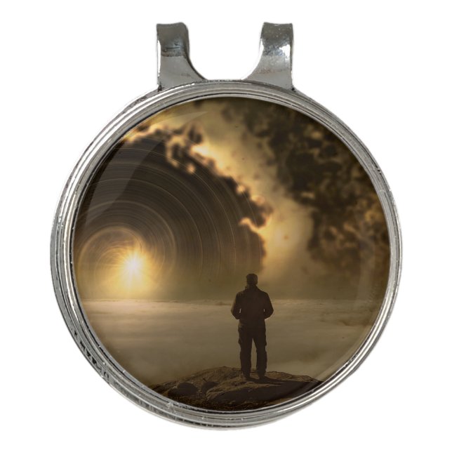 Man standing on a hill looking at a large Best  Golf Hat Clip (Front)