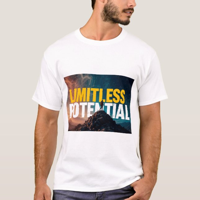 Man Standing on Mountain Peak Under Night Sky T-Shirt (Front)