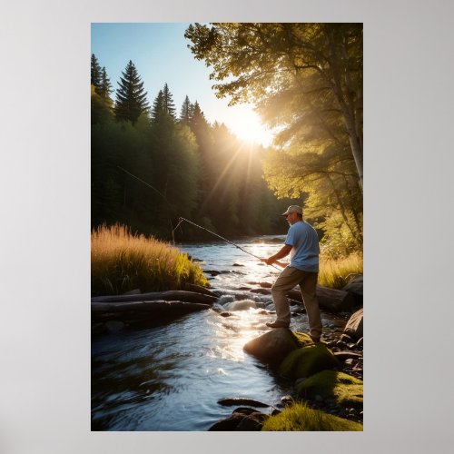  Man Sun Fishing Stream Nature AP49 Poster