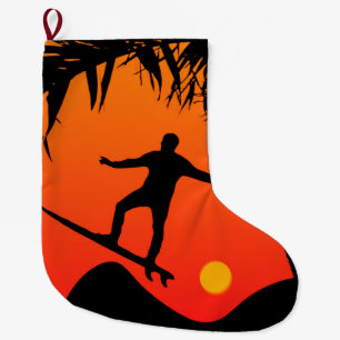 Man Surfing at Sunset Graphic Illustration Large Christmas Stocking