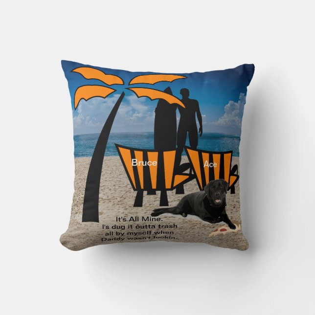 Man Surfing Dog Beach Orange Chairs Throw Pillow (Front)