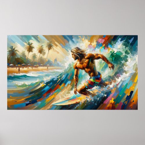 Man Surfing in a Surreal Sea Poster