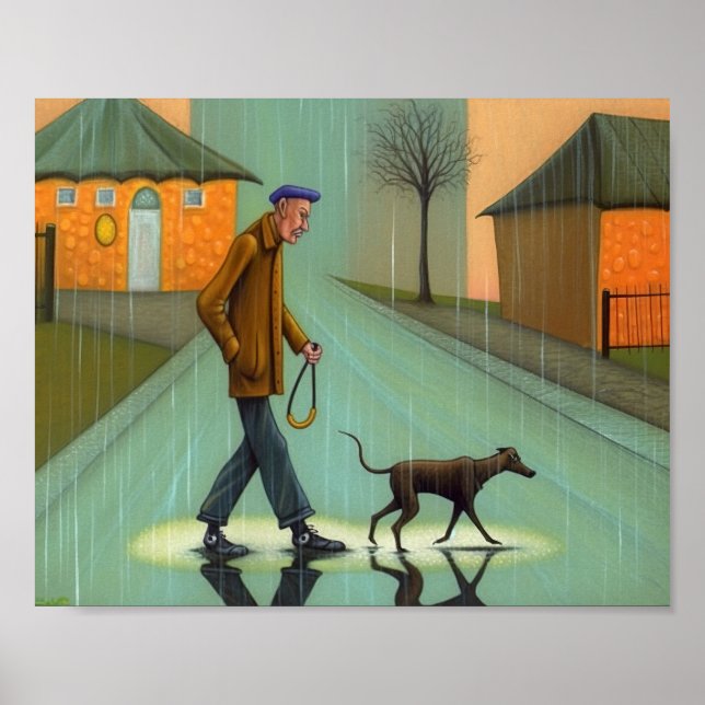 Man Walking Dog In Rain Poster (Front)