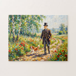 Man Walking Field Path with Cavalier Spaniel Jigsaw Puzzle
