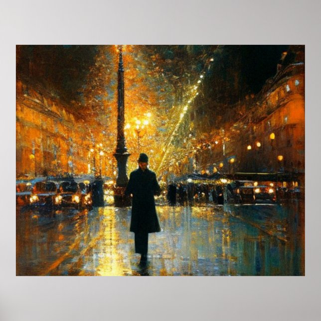 Man walking in a wet Paris Street Impressionism Poster (Front)