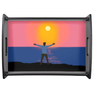 Man watching the sunset on the beach serving tray