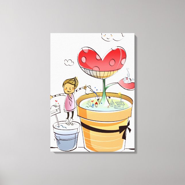 Man watering a potted plant canvas print (Front)
