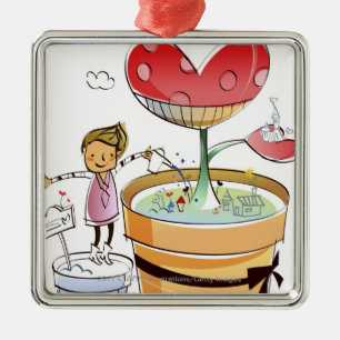 Man watering a potted plant metal ornament