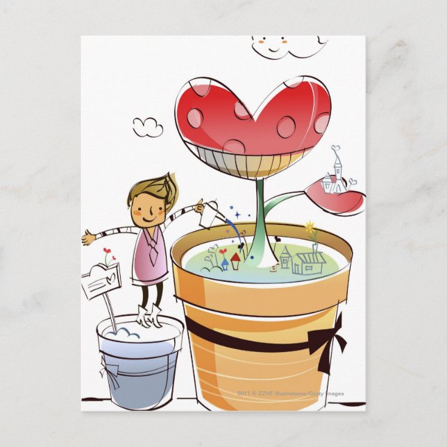 Man watering a potted plant postcard (Front)