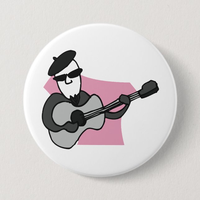 Man Wearing Beret Playing Acoustic Guitar Button (Front)