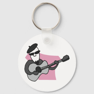 Man Wearing Beret Playing Acoustic Guitar Keychain