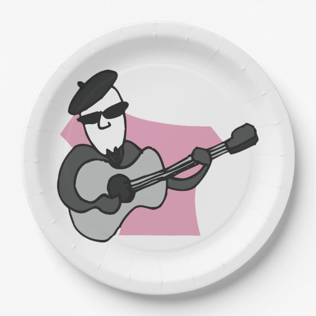 Man Wearing Beret Playing Acoustic Guitar Paper Plates (Front)