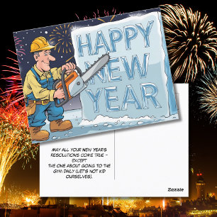 Man wearing work outfit carving ice new years postcard