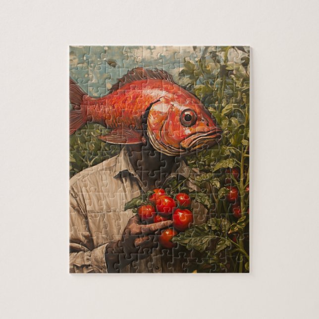Man with a Fish For a Head in a Tomato Garden Jigsaw Puzzle (Vertical)