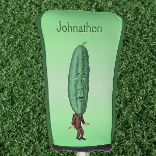 Man With Big Pickle for Head Surprised Face Green Golf Head Cover
