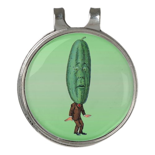 Man With Big Pickle Head Wide Eyes Brown Suit Golf Hat Clip