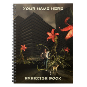 Man with dog, cityscape. Customizable text Notebook