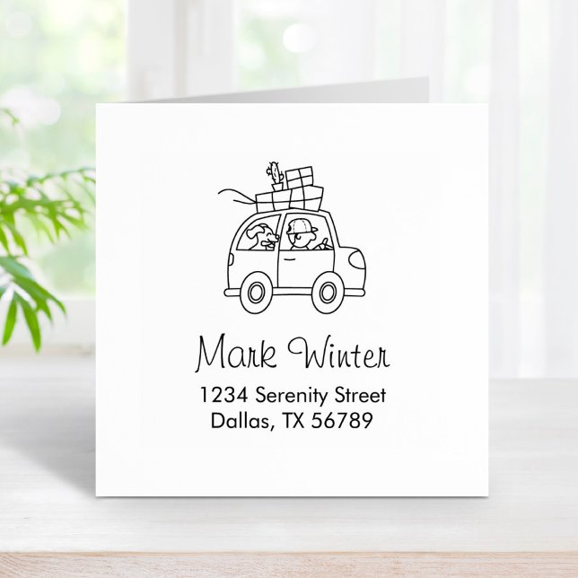 Man with Dog Driving Car Cartoon Address Rubber Stamp (Creator Uploaded)