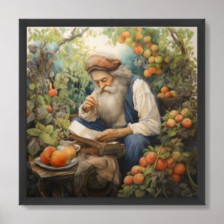 Man with gray beard reading in his fruit garden framed art