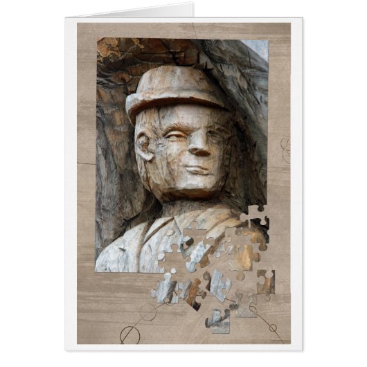Man with hat carved in wood cards (Front)