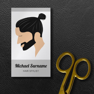 Man With Man Bun & Beard Illustration Hair Stylist Business Card