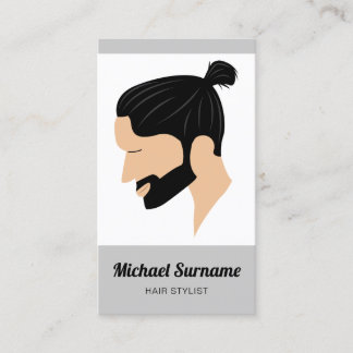 Man With Man Bun &amp; Beard Illustration Hair Stylist Business Card