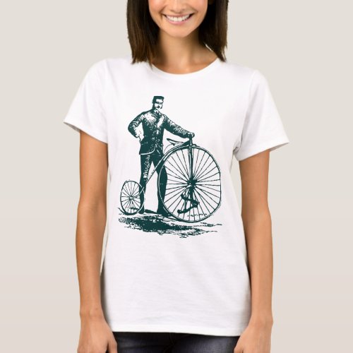 Man with Penny Farthing _ Dark Green T_Shirt