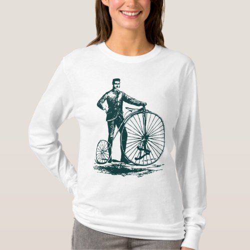 Man with Penny Farthing _ Dark Green T_Shirt