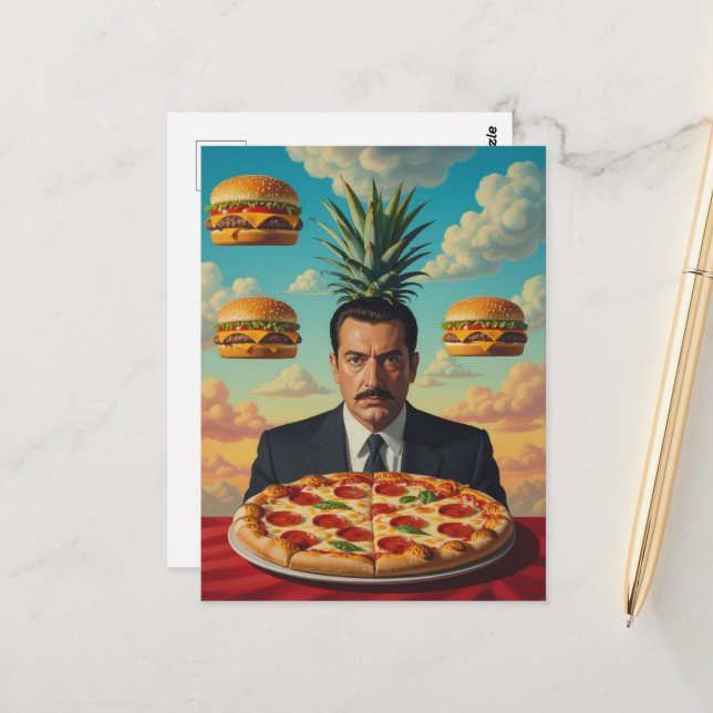 Man With Pizza and Cheeseburgers in the SkySurreal Postcard (Front/Back In Situ)