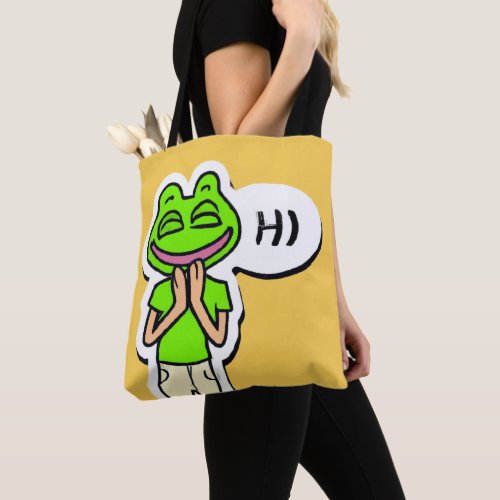 Man with Smiling Frog Head on Yellow AI Art Tote Bag