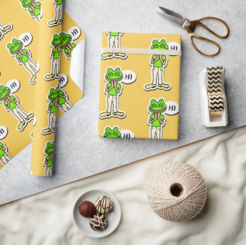 Man with Smiling Frog Head on Yellow AI Art Wrapping Paper