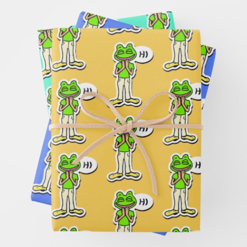 Man with Smiling Frog Head on Yellow AI Art Wrapping Paper Sheets