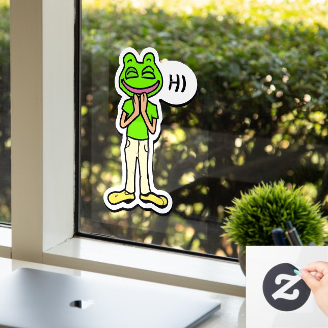 Man with Smiling Frog Head on Yellow AI Window Cling (Office)