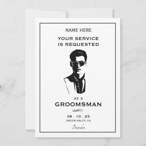 Man with sunglasses and suit groomsman  invitation