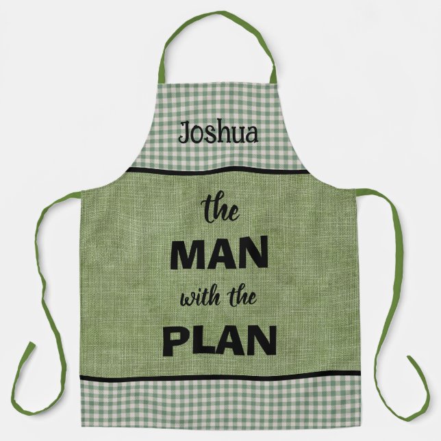 Man With The Plan Monogrammed Green+Gingham Check Apron (Front)