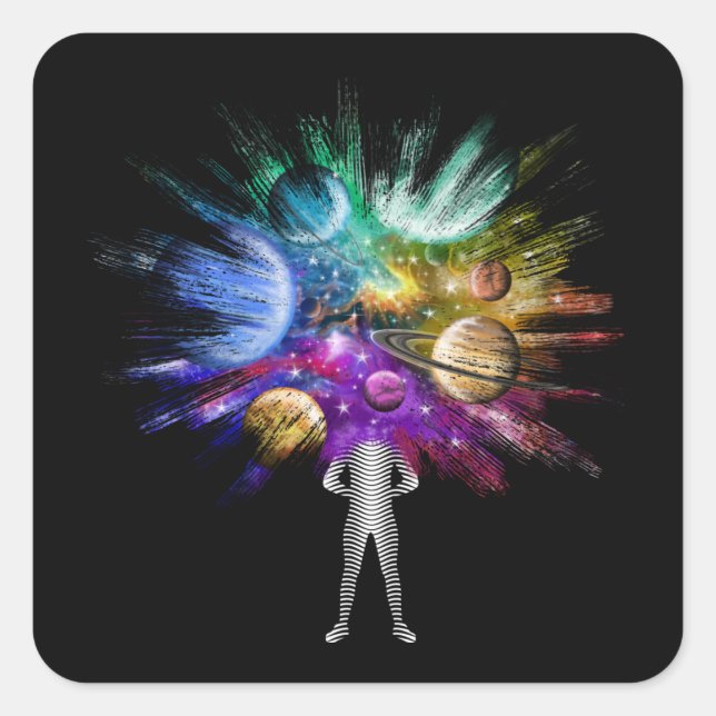 Man with Universe Galaxy Nebula Head Square Sticker (Front)
