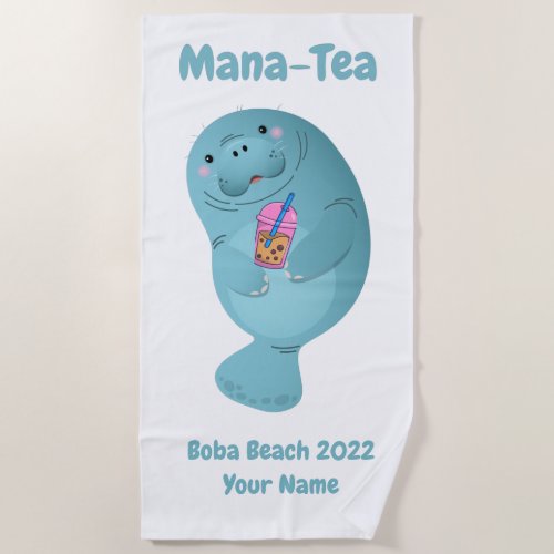 Mana_tea Personalized Manatee Boba Tea Beach Towel