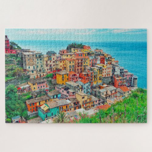 Manarola Cinque Terre Italy Coastline Painting Jigsaw Puzzle