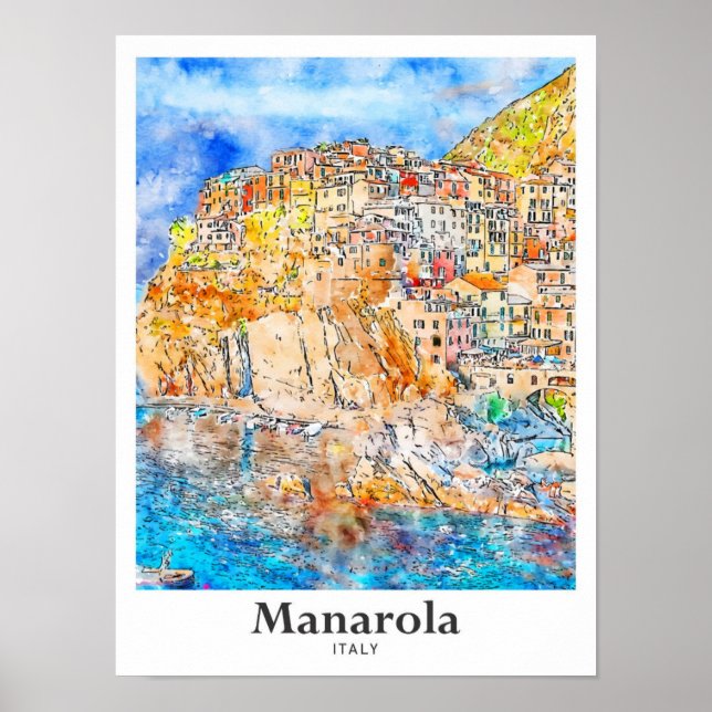 Manarola Italy Travel Watercolor Hand Drawn Poster (Front)