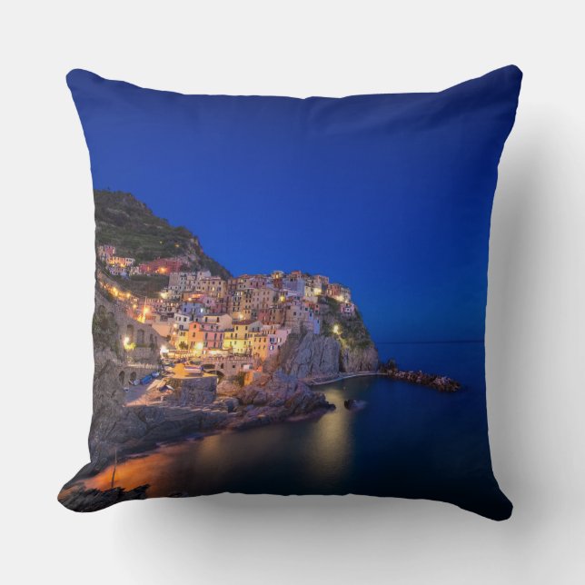 Manarola town in the Cinque Terre in the evening Throw Pillow (Front)