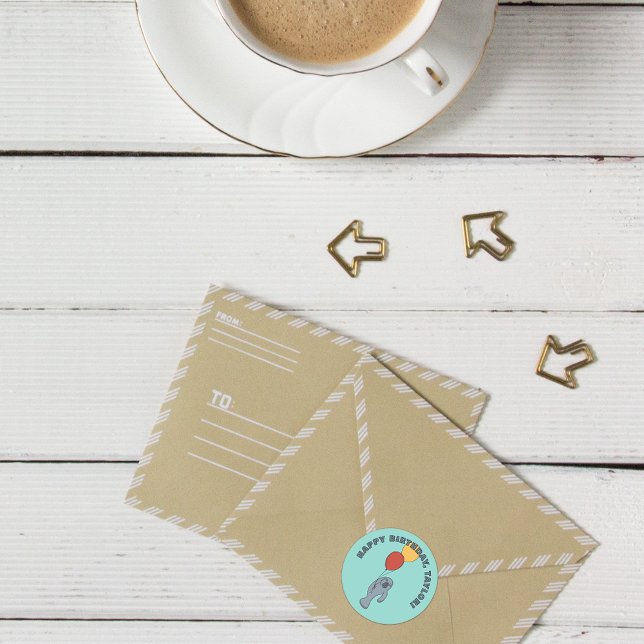 Manatee and Balloons Custom Birthday Party Classic Round Sticker (Creator Uploaded)