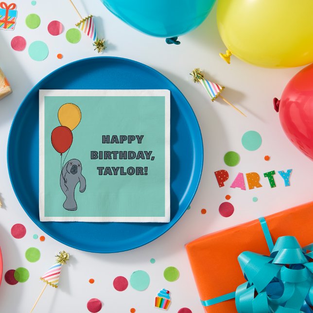 Manatee and Balloons Custom Birthday Party Napkins (Creator Uploaded)