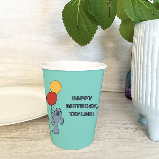 Manatee and Balloons Custom Birthday Party Paper Cups (Creator Uploaded)