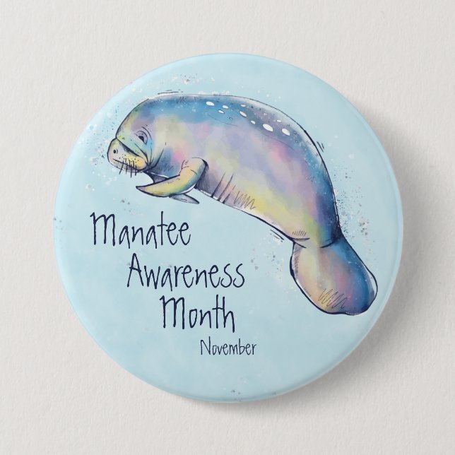 Manatee Awareness Month, watercolor manatee Button (Front)
