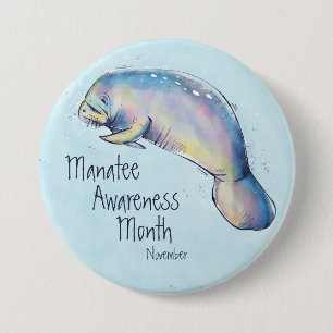 Manatee Awareness Month, watercolor manatee Button