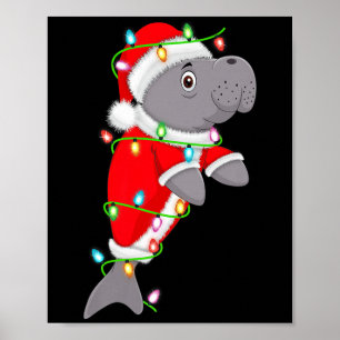 Manatee Christmas Lights Santa Costume Cute Animal Poster