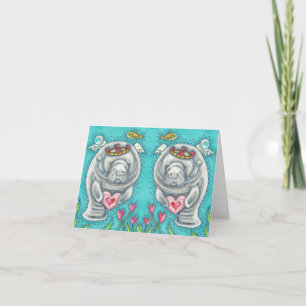 MANATEE CUPID, BUBBLES & HEARTS COLORFUL Blank Card