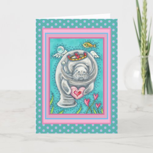 MANATEE CUPID BUBBLES  HEARTS COLORFUL VALENTINE HOLIDAY CARD